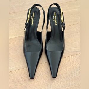 Saint Laurent Black Patent Leather Pointed Slingback Pumps with Gold Buckle